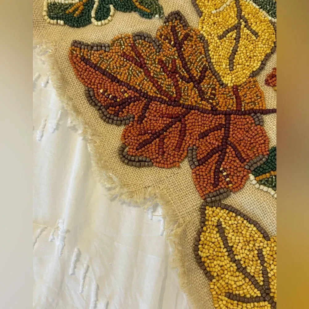 HTF New-World Market Pier Autumn Leaves Fall Beaded on Burlap Table Runner 36x14